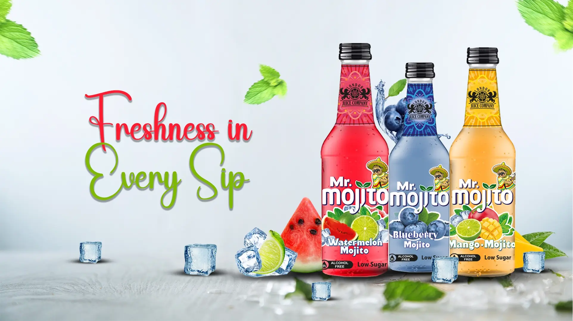 Mr. Mojito bottles in Watermelon, Blueberry, and Mango flavours with fruits and ice cubes showcasing freshness in every sip.